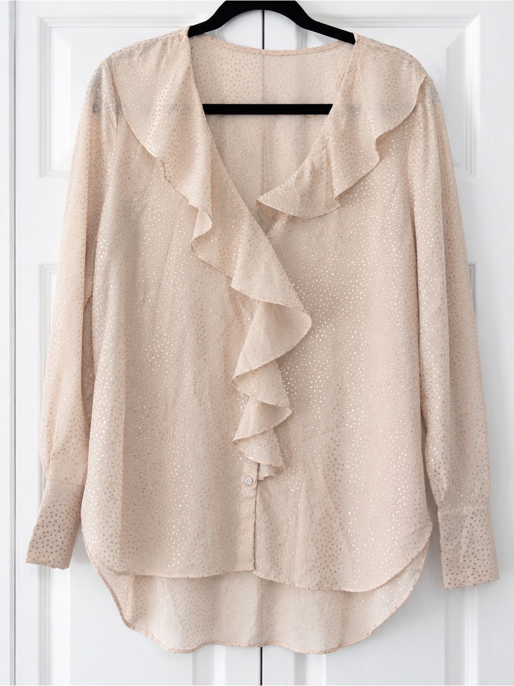 Molly Bracken Medium Blush Metallic Foil Ruffle Front Sheer Blouse M
